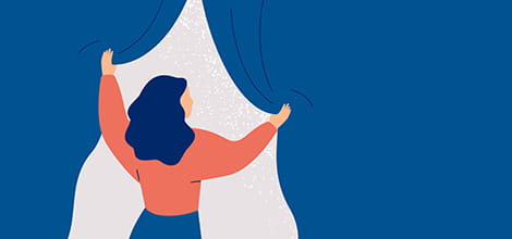 woman depression opening curtain